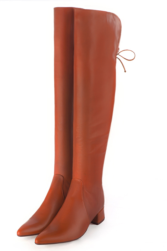 Terracotta orange women's leather thigh-high boots. Tapered toe. Low flare heels. Made to measure. Front view - Florence KOOIJMAN